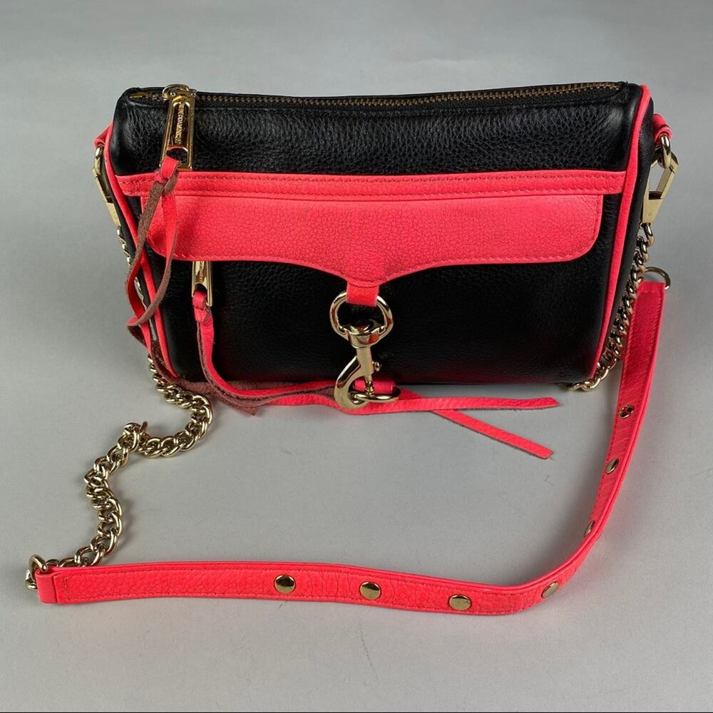REBECCA MINKOFF Mini Mac Black & Hot Pink Crossbody Bag Handbag with Chain